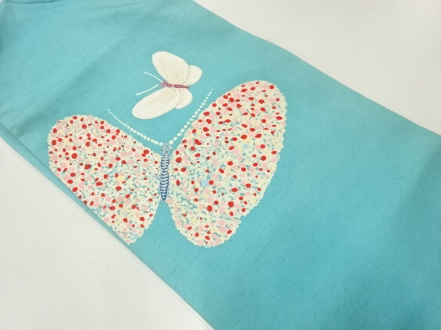 アンティーク　手織り紬蝶模様名古屋帯（着用可）